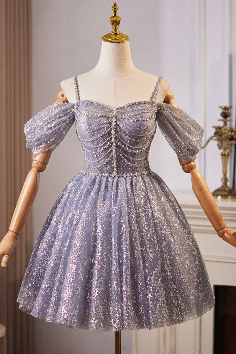 Purple Off-Shoulder A-Line Tulle Prom Dress with Sequins