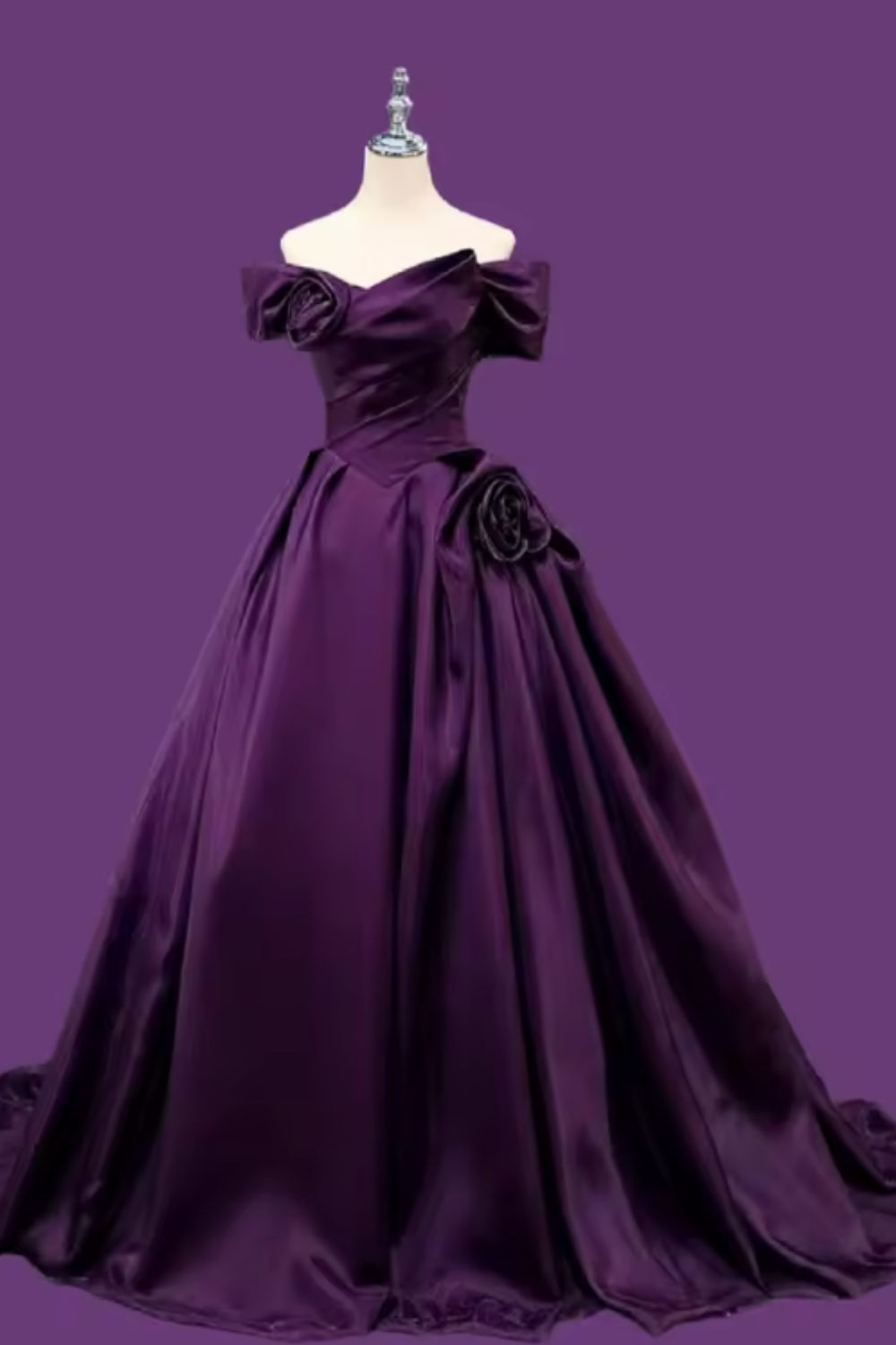 Off-Shoulder Purple Satin Evening Gown
