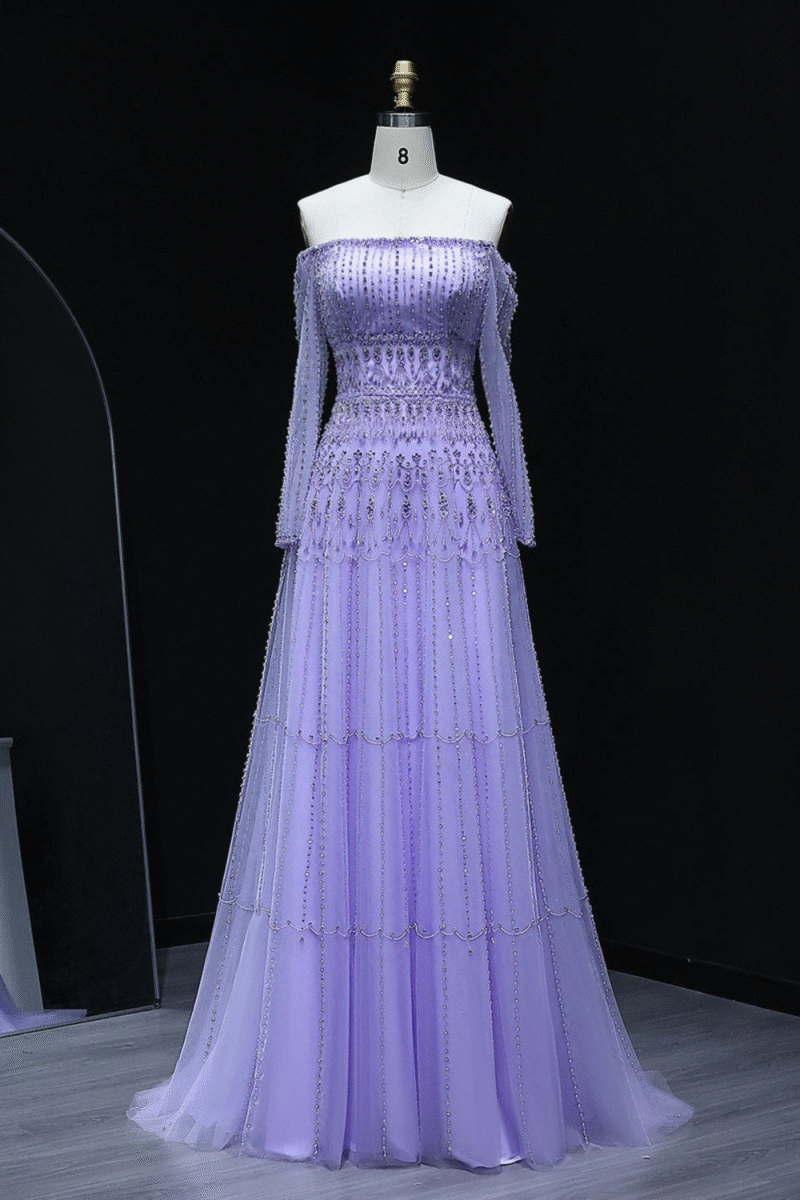 Purple Luxury Dubai Evening Dress with Long Sleeves