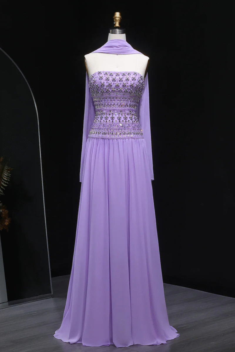 Strapless Lilac Beaded Bodice Evening Dress – Elegant Formal Gown