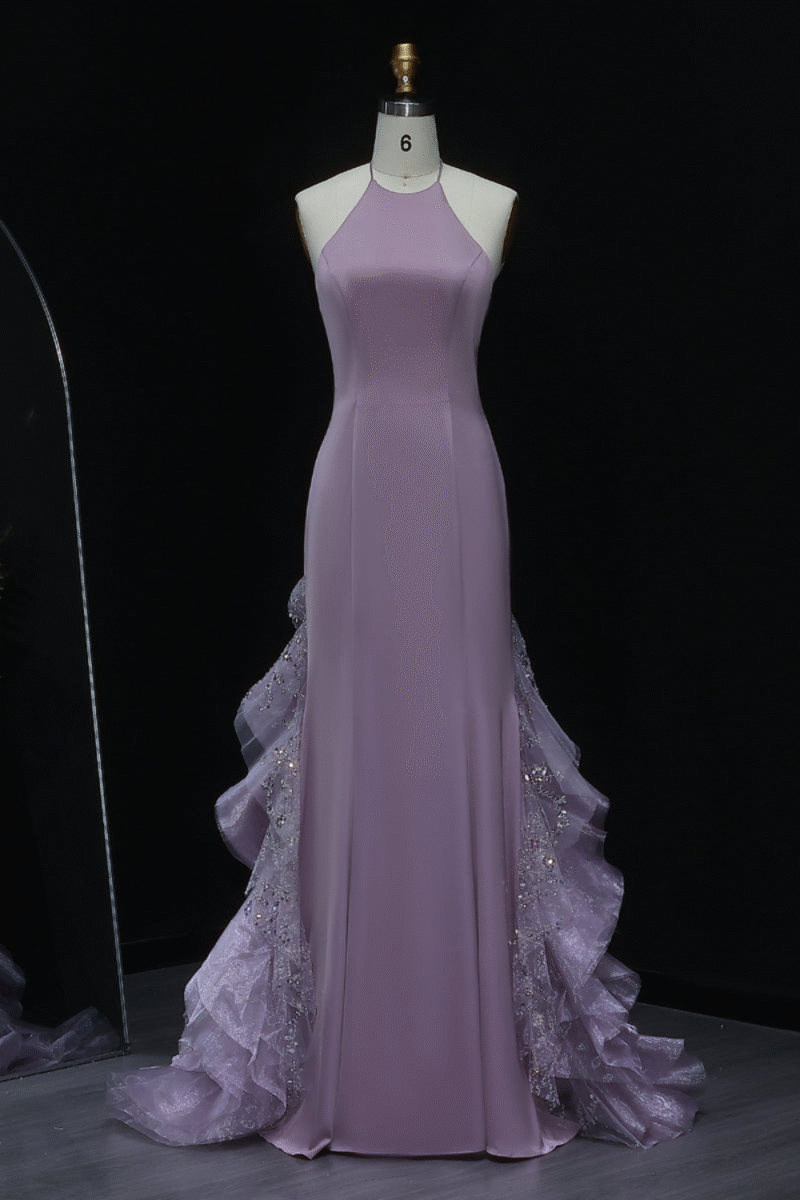 Stunning Purple Mermaid Halter Evening Dress with Ruffles