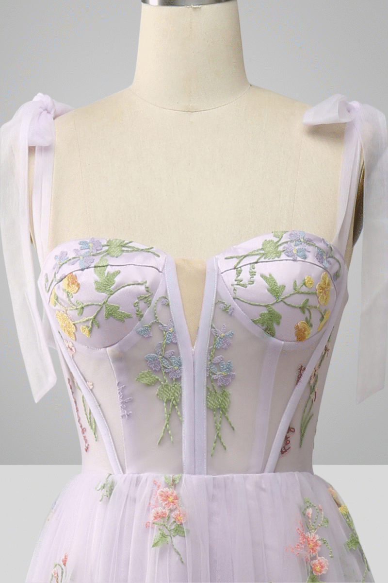Lavender Tulle A-Line Prom Dress with Embroidery