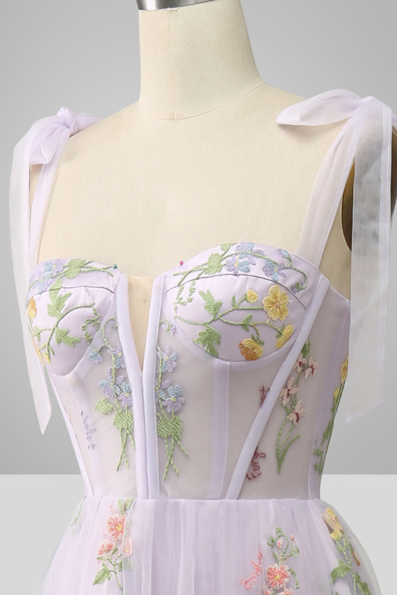 Lavender Tulle A-Line Prom Dress with Embroidery
