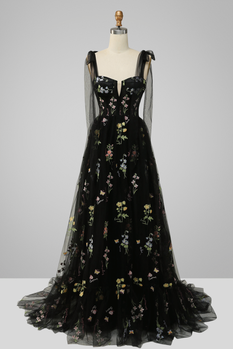 Black Tulle A-Line Prom Dress with Embroidery