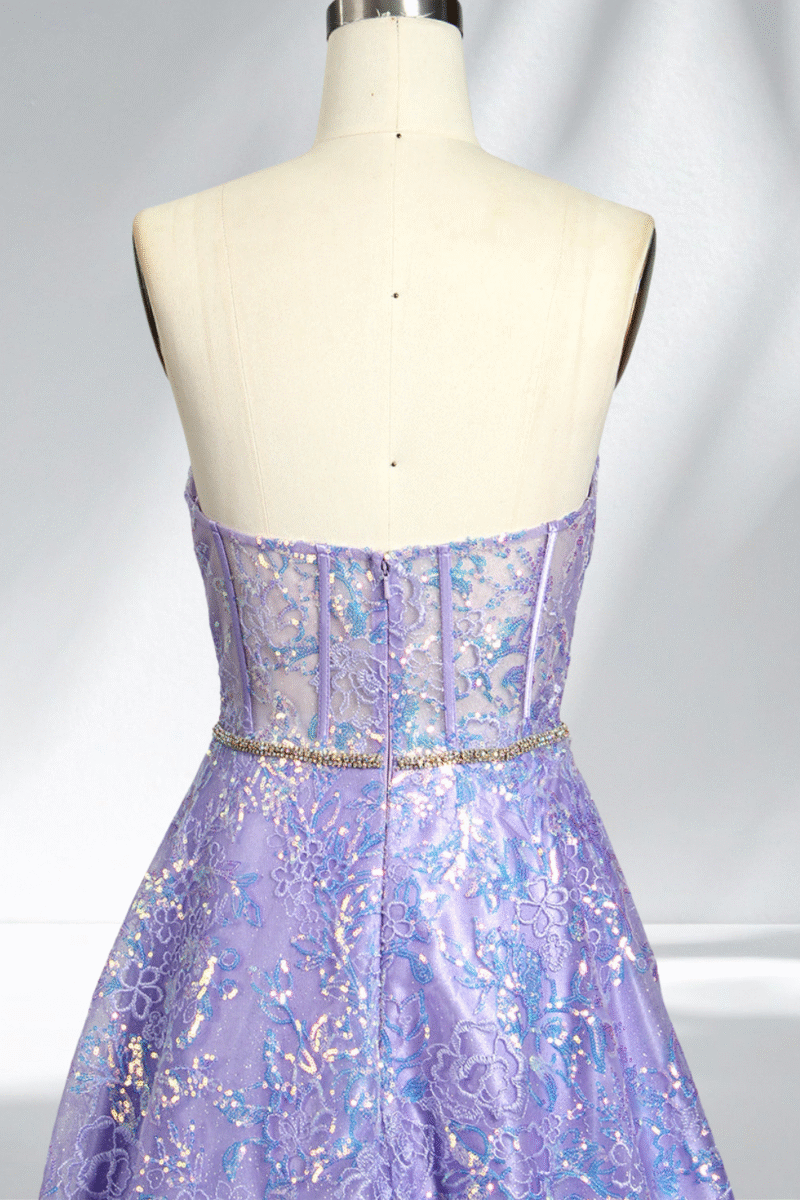 Sparkly Lavender Sequin Strapless Long Prom Dress
