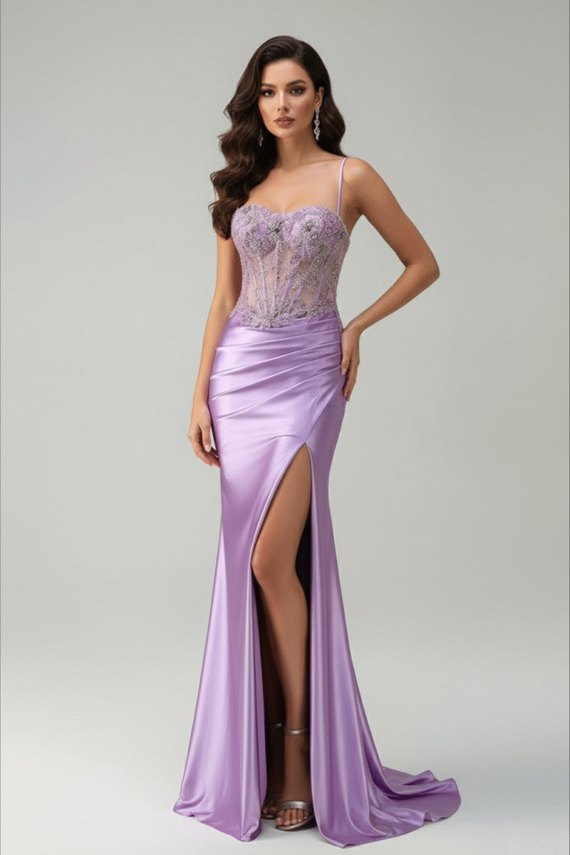 Purple Sheer Ruched Corset Mermaid Prom Dress