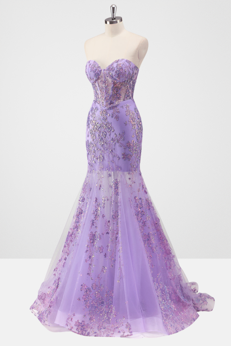 Purple Strapless Mermaid Prom Dress with Elegant Appliques