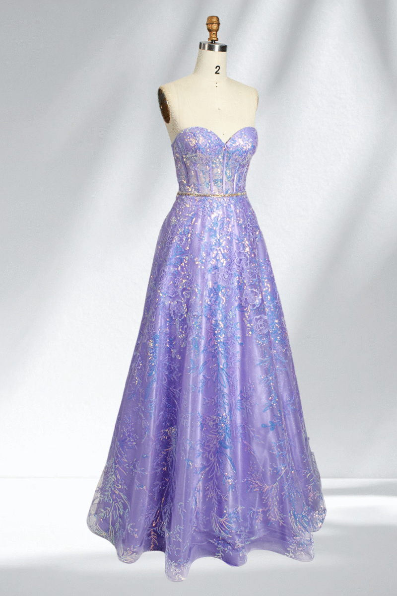 Sparkly Lavender Sequin Strapless Long Prom Dress