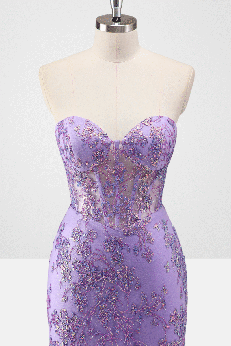 Purple Strapless Mermaid Prom Dress with Elegant Appliques