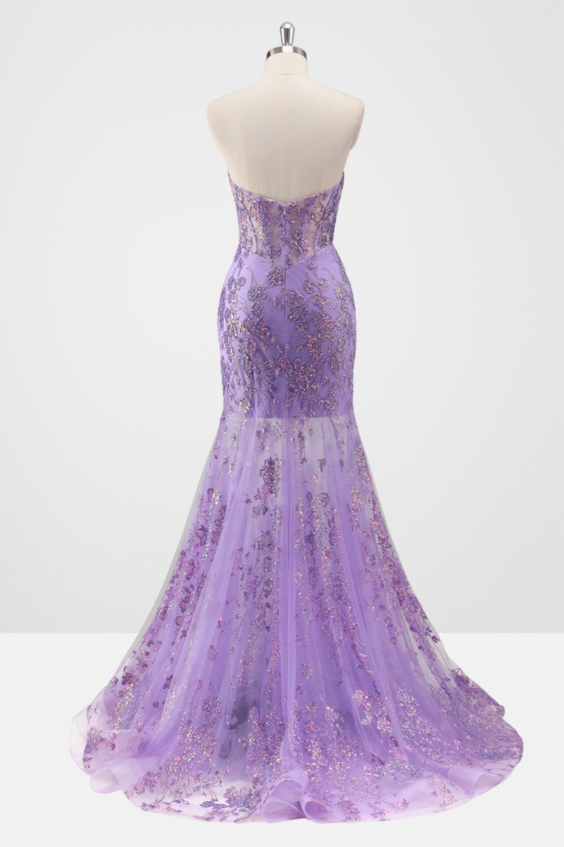 Purple Strapless Mermaid Prom Dress with Elegant Appliques