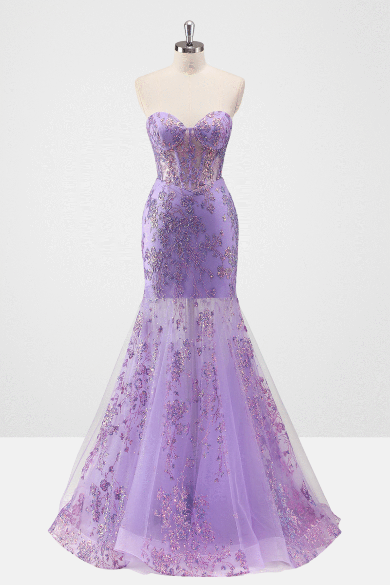 Purple Strapless Mermaid Prom Dress with Elegant Appliques