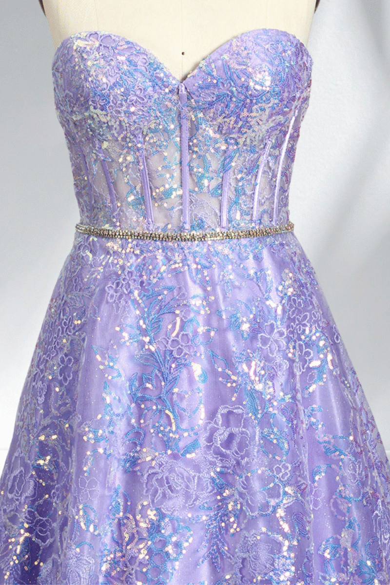 Sparkly Lavender Sequin Strapless Long Prom Dress