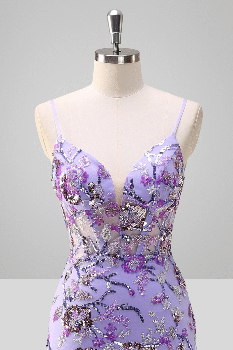 Sparkly Purple Mermaid Spaghetti Strap Sequin Prom Dress