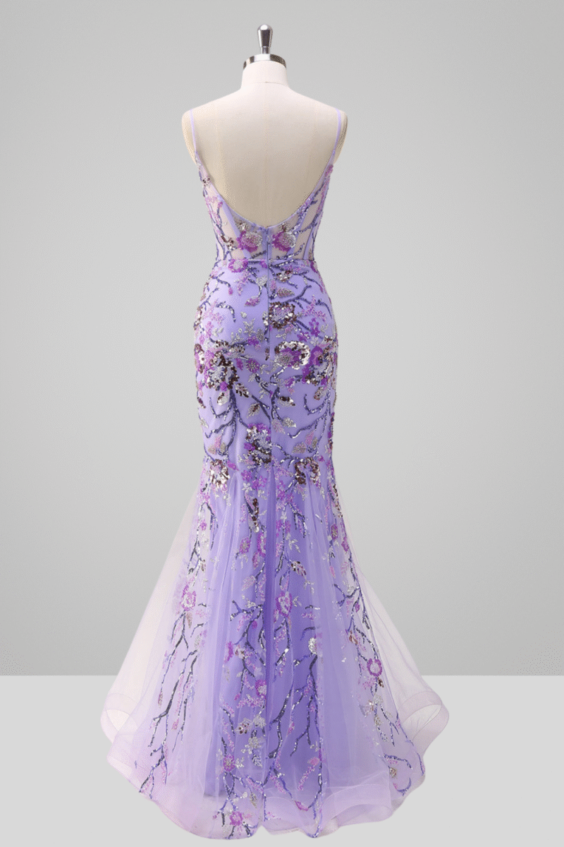 Sparkly Purple Mermaid Spaghetti Strap Sequin Prom Dress