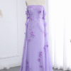 Elegant Off-Shoulder Lilac Evening Dress – 3D Flower Gown with Cape Sleeves
