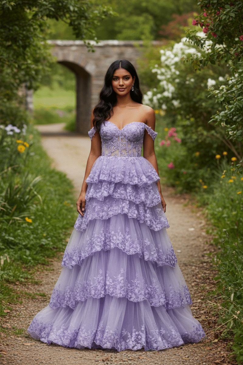 Off-the-Shoulder Lavender Corset Prom Dress with Slit