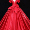 Glossy Red Satin Deep V-Neck Ball Gown