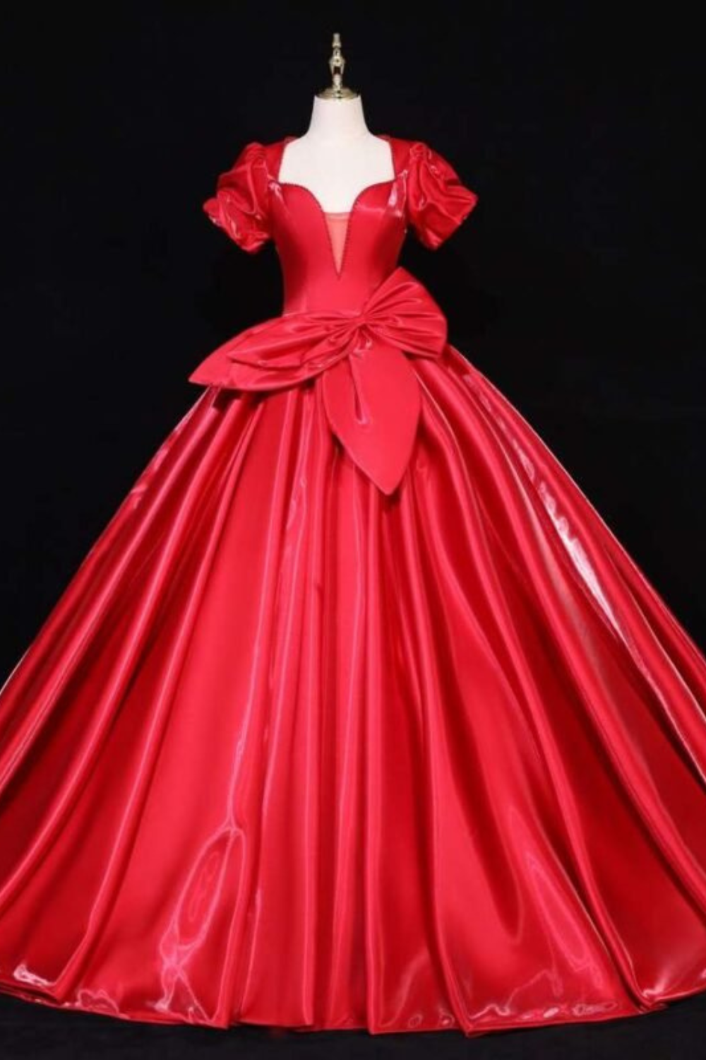 Glossy Red Satin Deep V-Neck Ball Gown