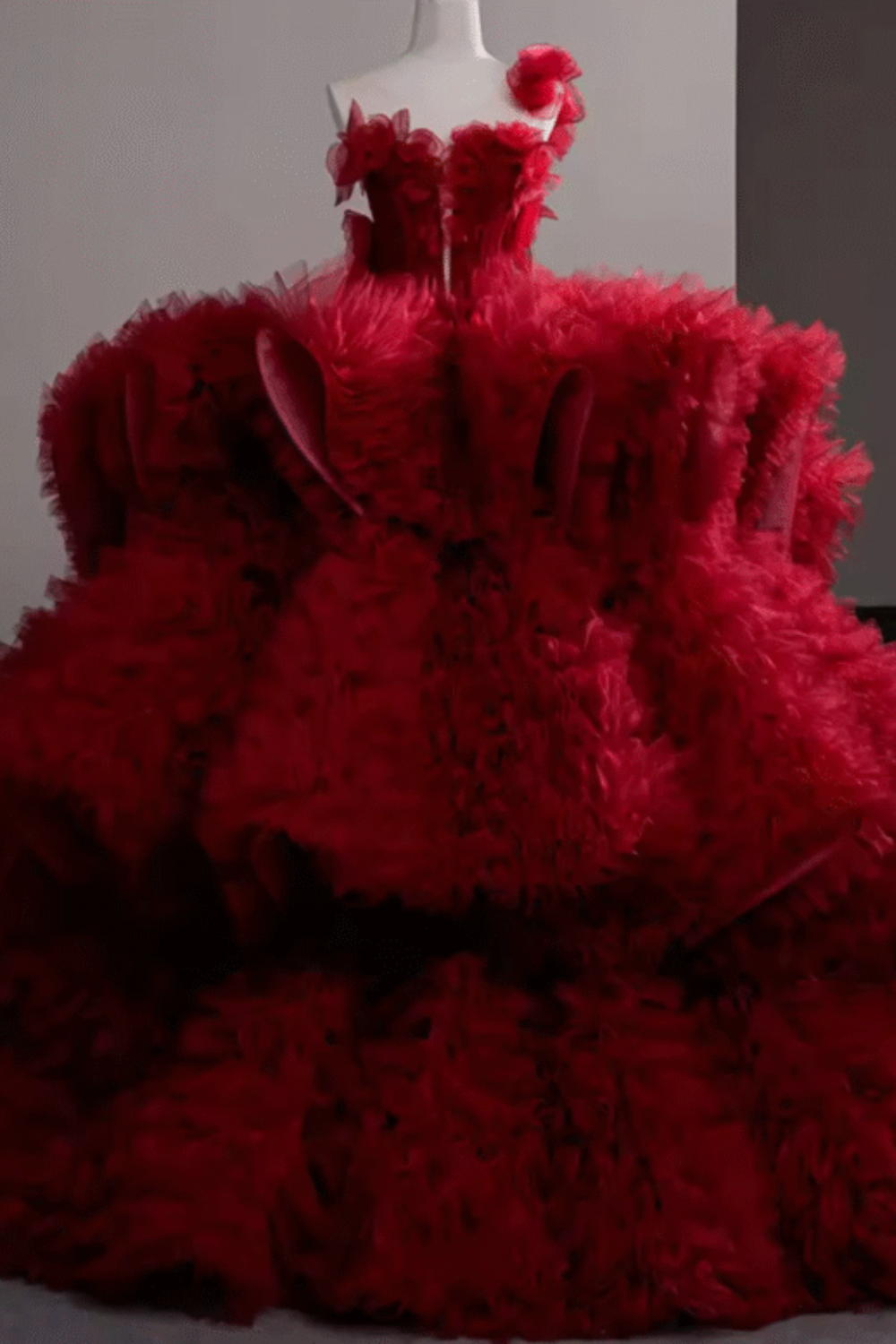 Burgundy Red Sweetheart Tulle Ruffle Quinceanera Dress