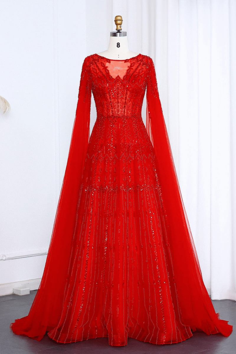 Luxury Dubai Beaded Red Evening Dress with Cape Sleeves