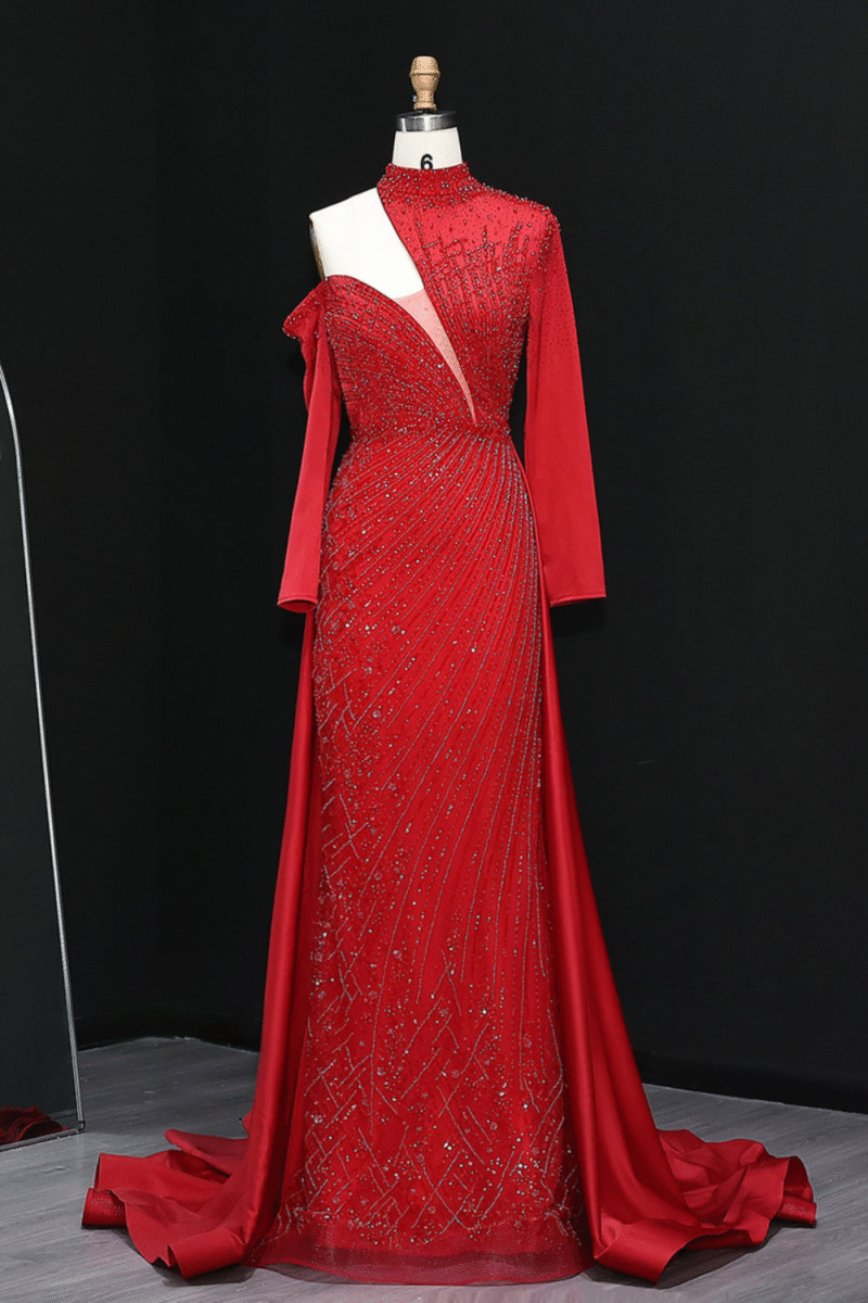 Luxury Wine Red One-Shoulder Mermaid Evening Dress with Overskirt