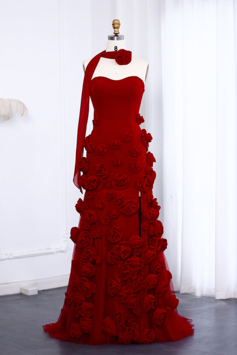 3D Flowers Mermaid Red Evening Dress – Elegant Sweetheart with Side Slit