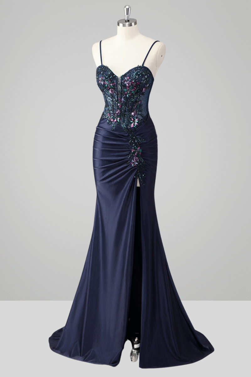 Navy Blue Mermaid Sequin Prom Dress with Slit