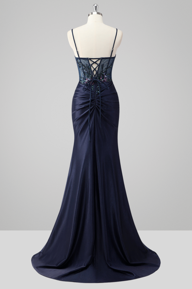Navy Blue Mermaid Sequin Prom Dress with Slit