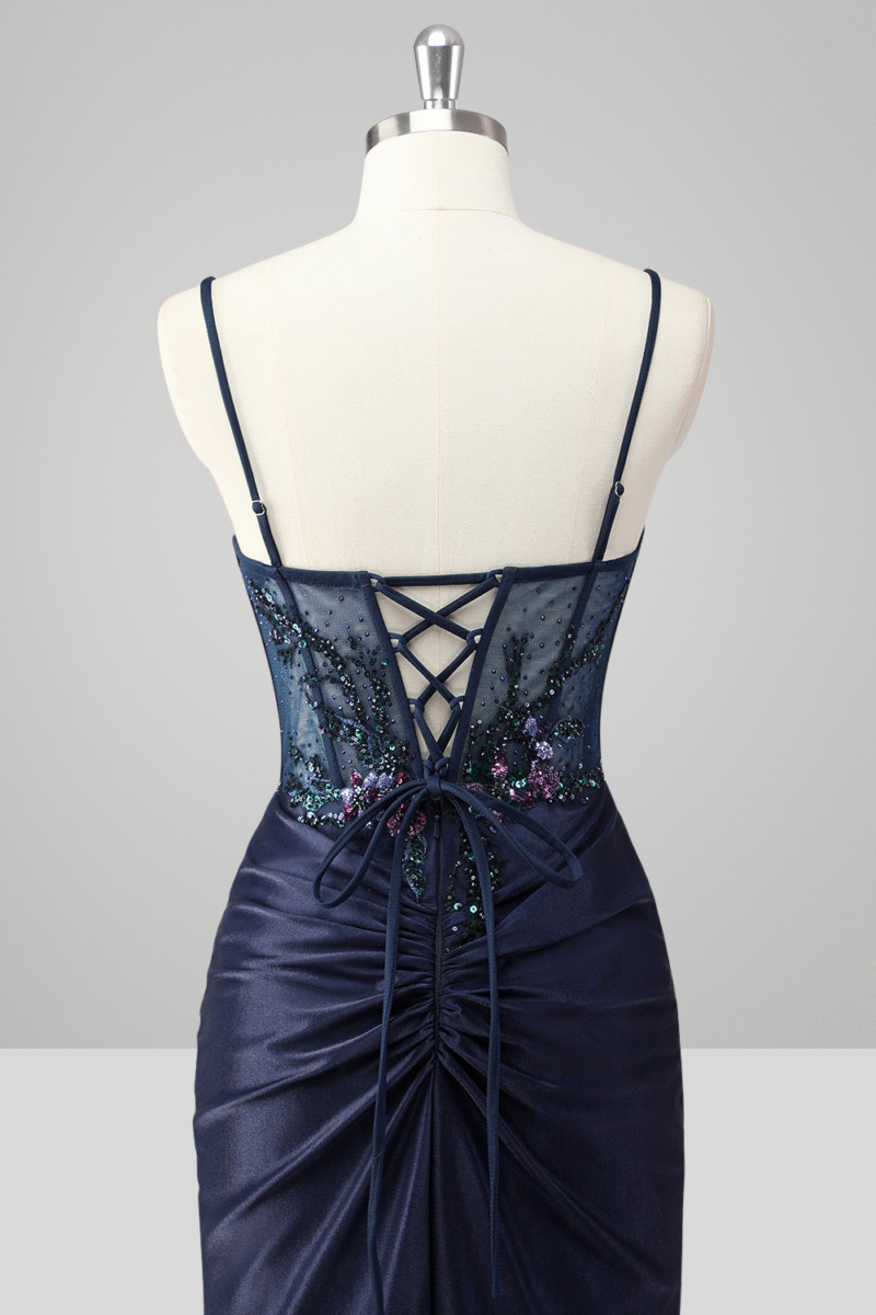 Navy Blue Mermaid Sequin Prom Dress with Slit