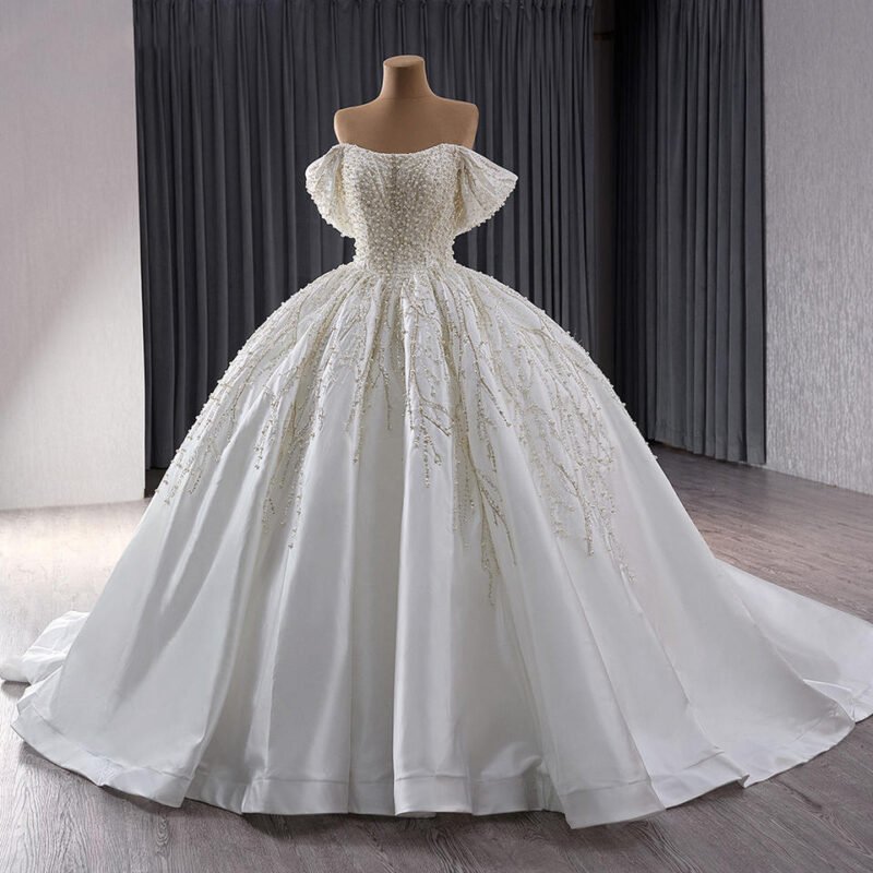 White Pearl-Embellished Empire Waist Bridal Wedding Gown