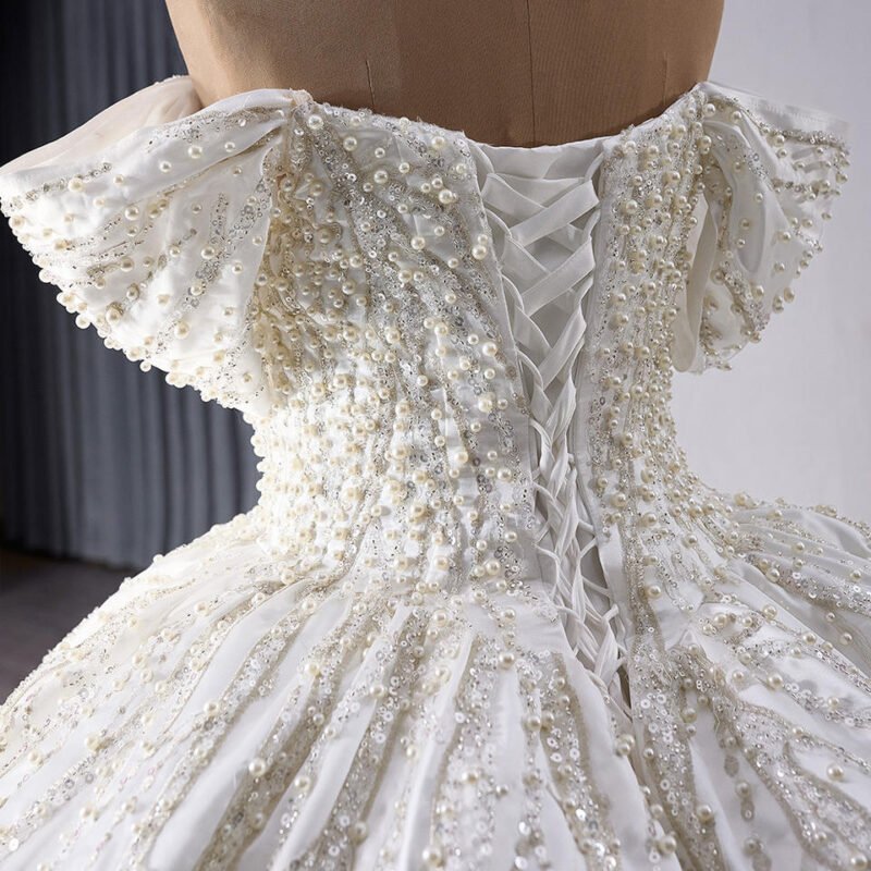 White Pearl-Embellished Empire Waist Bridal Wedding Gown