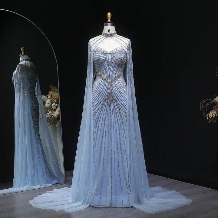 Sparkly Crystal Sky Blue Mermaid Evening Dress with Cape Sleeves