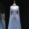 Sparkly Crystal Sky Blue Mermaid Evening Dress with Cape Sleeves