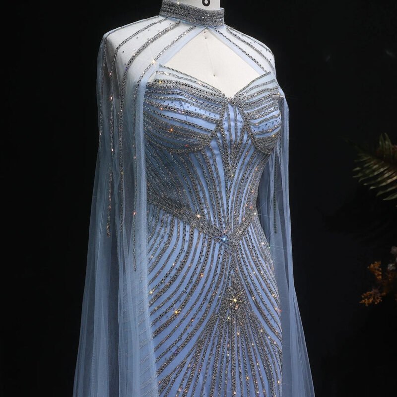 Sparkly Crystal Sky Blue Mermaid Evening Dress with Cape Sleeves