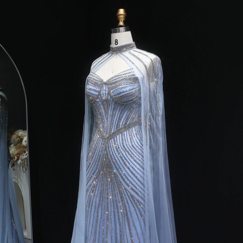 Sparkly Crystal Sky Blue Mermaid Evening Dress with Cape Sleeves