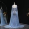 Sparkly Crystal Sky Blue Mermaid Evening Dress with Cape Sleeves