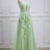 Sage Green Embroidered Lace V-Neck Prom Dress – Lace-Up Back & Elegant Appliques
