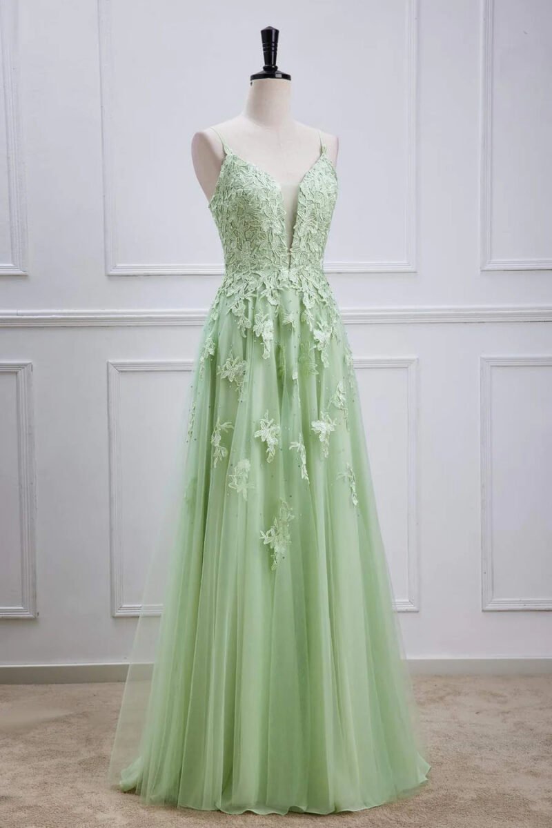 Sage Green Embroidered Lace V-Neck Prom Dress – Lace-Up Back & Elegant Appliques
