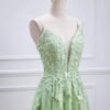 Sage Green Embroidered Lace V-Neck Prom Dress – Lace-Up Back & Elegant Appliques