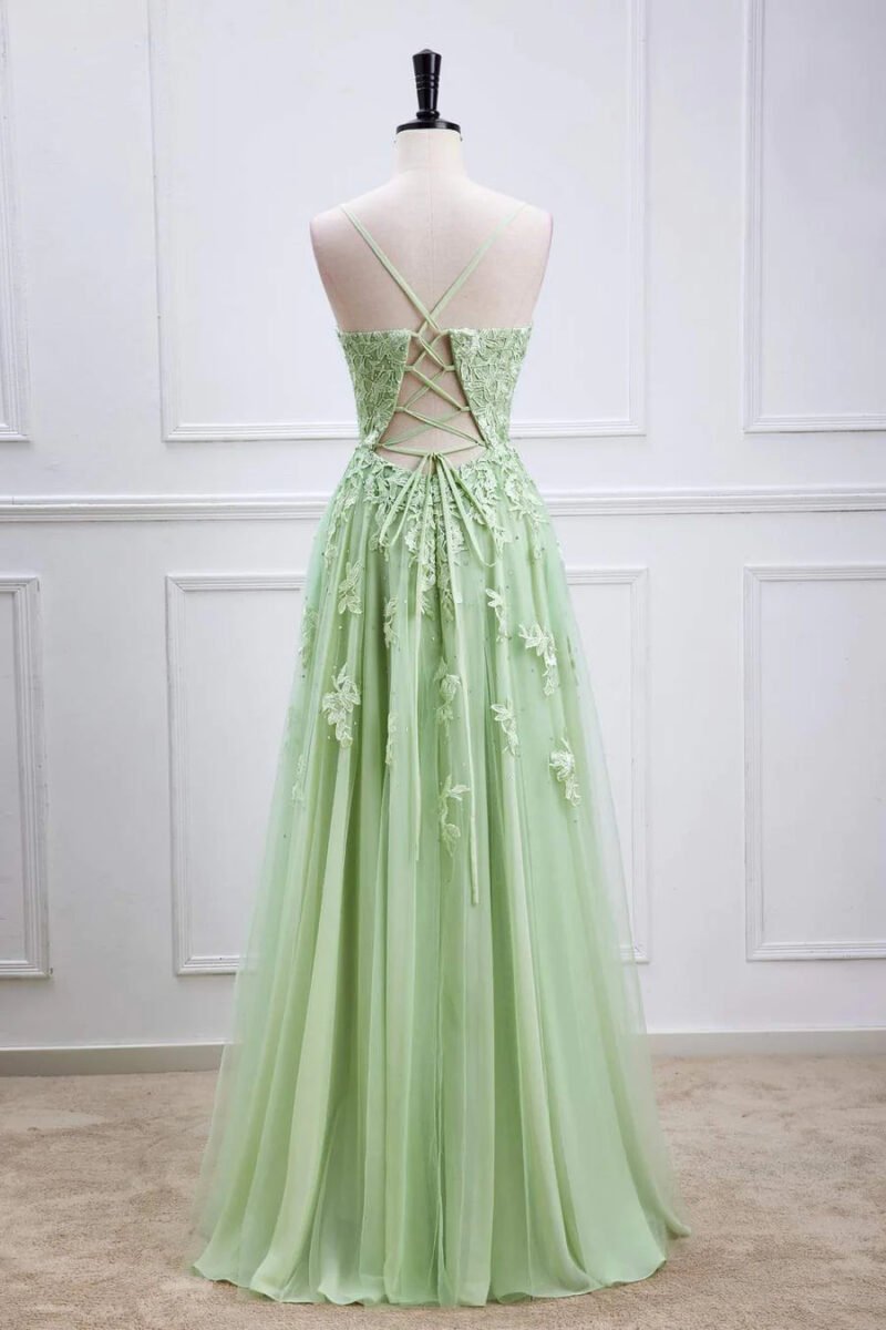 Sage Green Embroidered Lace V-Neck Prom Dress – Lace-Up Back & Elegant Appliques