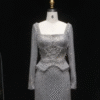 Luxury Grey Crystal Evening Dress With Long Sleeves
