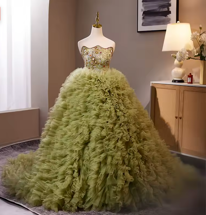 Luxury Green Embroidered Ruffles Ball Gown Dress