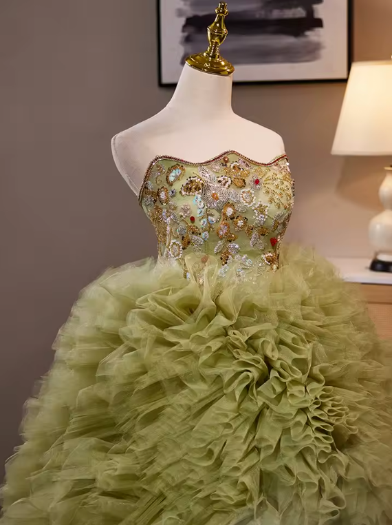 Luxury Green Embroidered Ruffles Ball Gown Dress