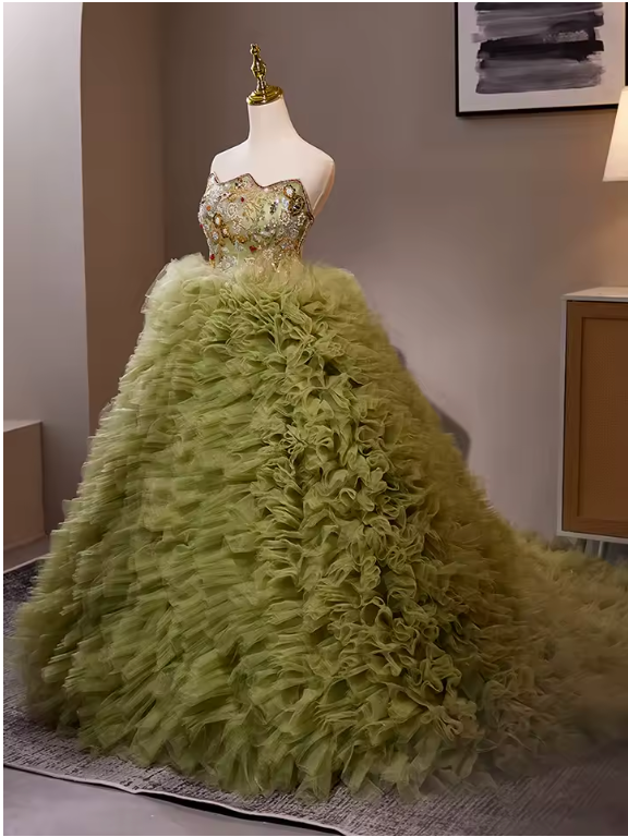 Luxury Green Embroidered Ruffles Ball Gown Dress