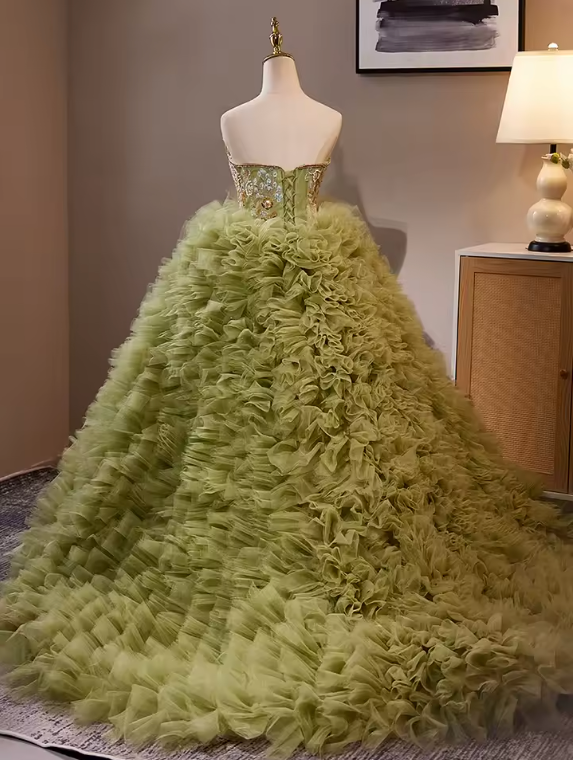 Luxury Green Embroidered Ruffles Ball Gown Dress