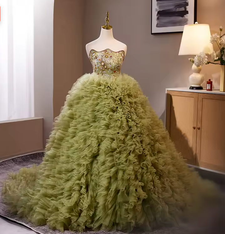 Luxury Green Embroidered Ruffles Ball Gown Dress