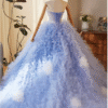 Blue Sequined Applique Ruched Princess Evening Party Gown