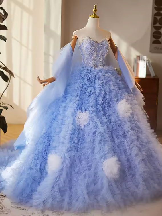 Blue Sequined Applique Ruched Princess Evening Party Gown