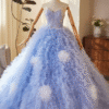 Blue Sequined Applique Ruched Princess Evening Party Gown