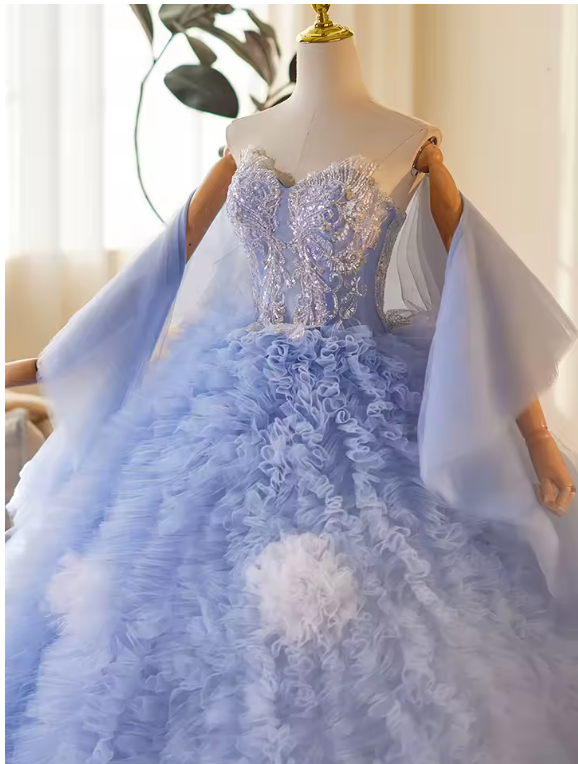 Blue Sequined Applique Ruched Princess Evening Party Gown